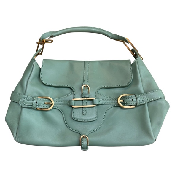 Jimmy Choo Tulita Shoulder Bag Sage Green Leather Chunky Buckle‎ Front Summer